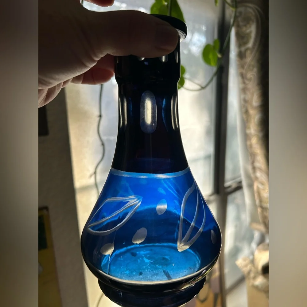 Blue Glass Vase with Leaf Design